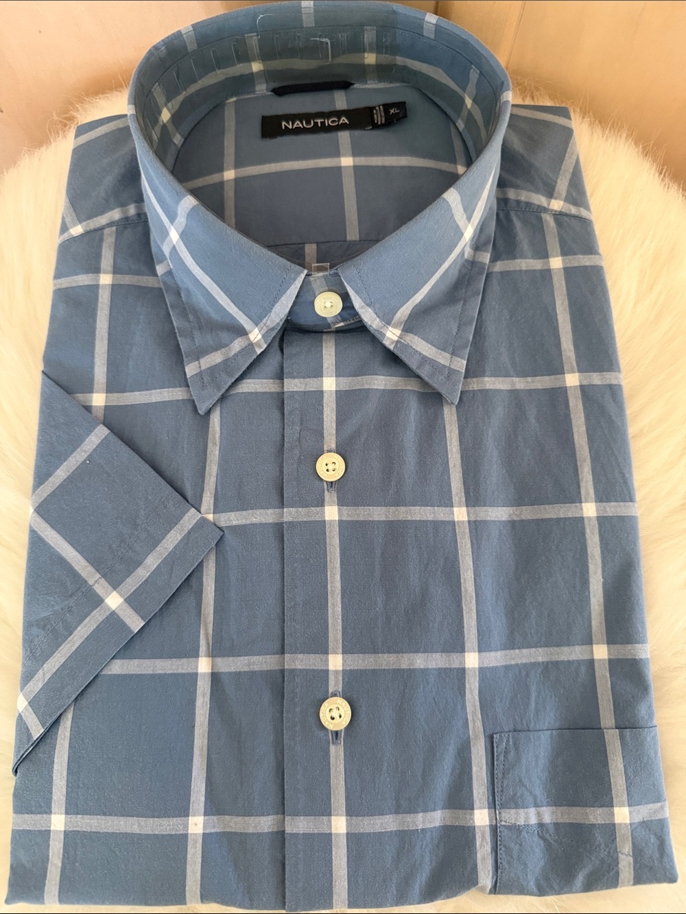 Nautica XL NEW Blue and White Windowpane Short-Sleeve Button-Down Men’s Shirt